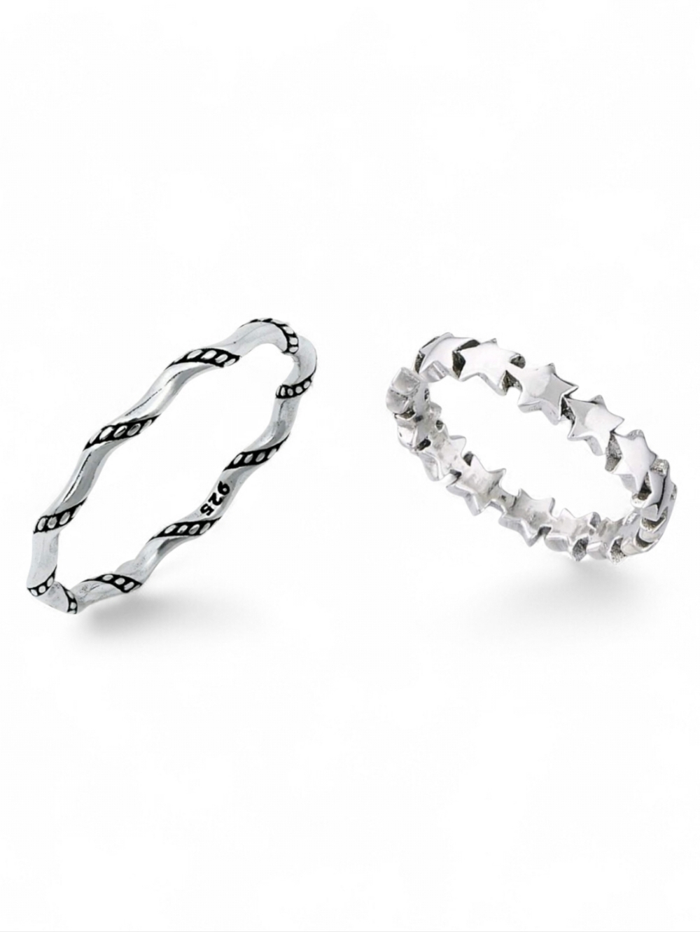 (2) 925 sterling silver stack rings stars and the other rope style size 9